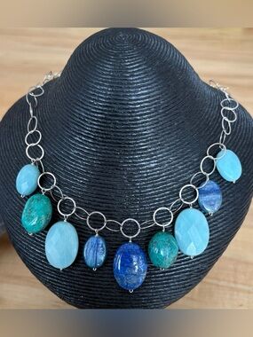 Sterling Silver Circle Chain Necklace with Blue and Turquoise Gemstone Drops
